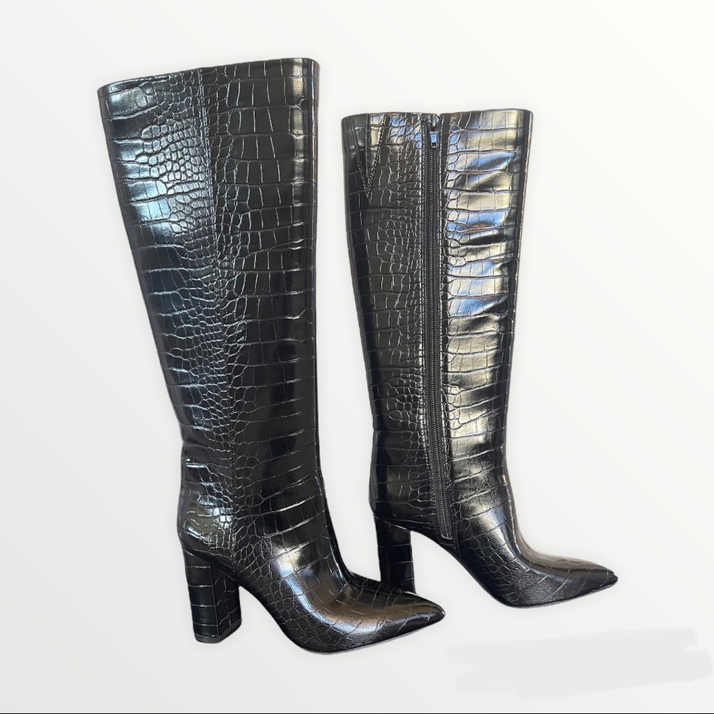 INC Black patent leather crocodile Embossed Block heel knee high boots